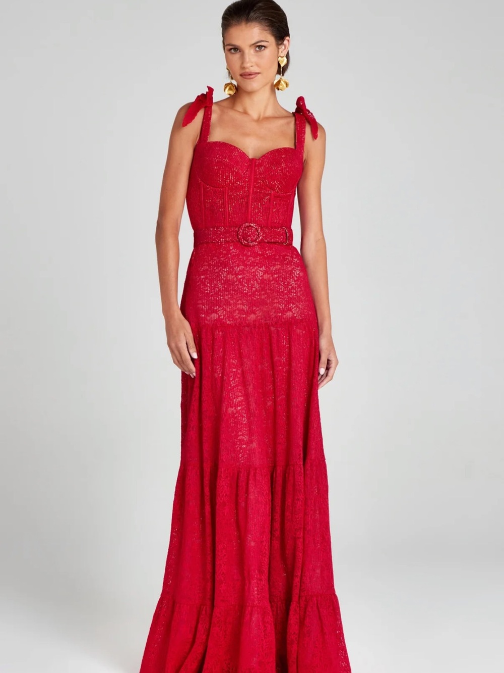 Nadine Merabi Red Lace Tiered Maxi Dress with Tie-Strap Belt